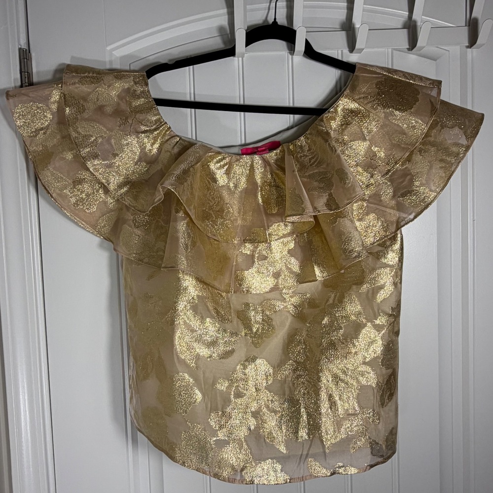 Lilly Pulitzer Gold Metallic Floral Jacquard Ruffle Off Shoulder Top Medium